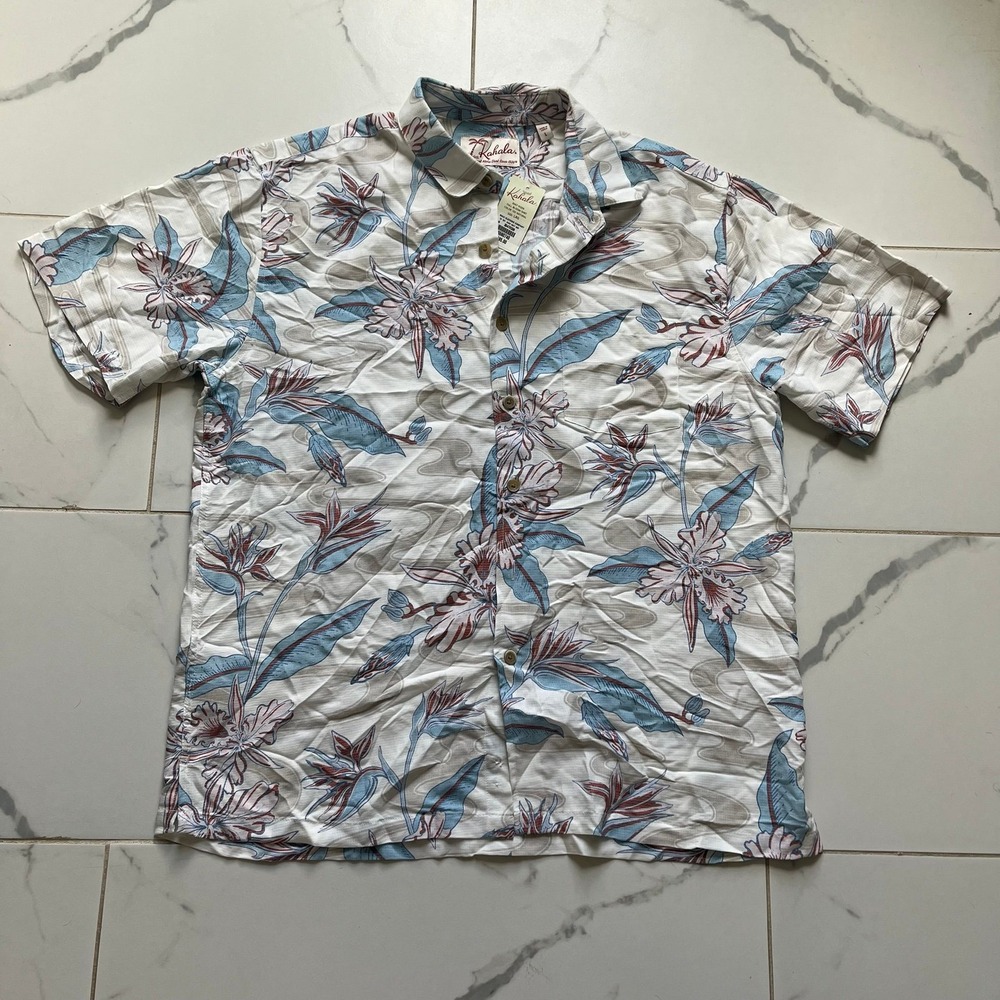 NWT Kahala short-sleeve white tropical floral aloha camp shirt sz Large